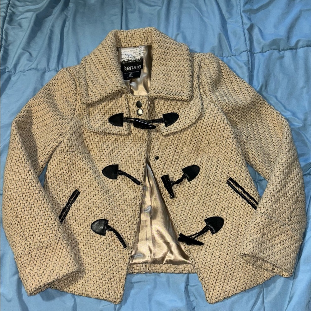 Kensie tweed jacket w faux horn and leather detail